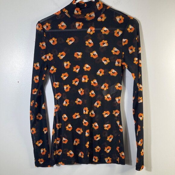Womens Diane Von Furstenberg Sheer Mock Neck Floral Top S Black Orange Nylon - Picture 1 of 10